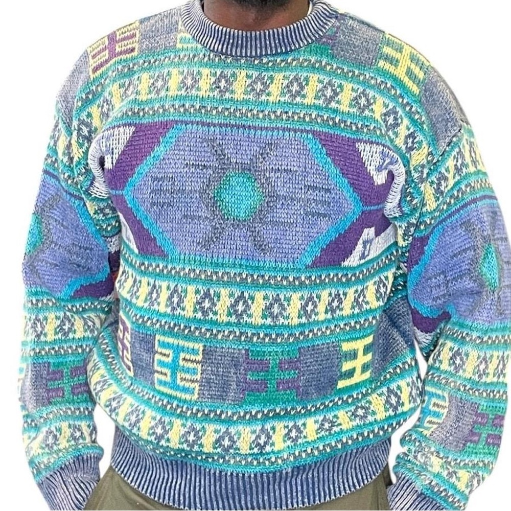 1990’s UNIONBAY Gray and Purple Geometric Sweater Southwestern Style Size Large